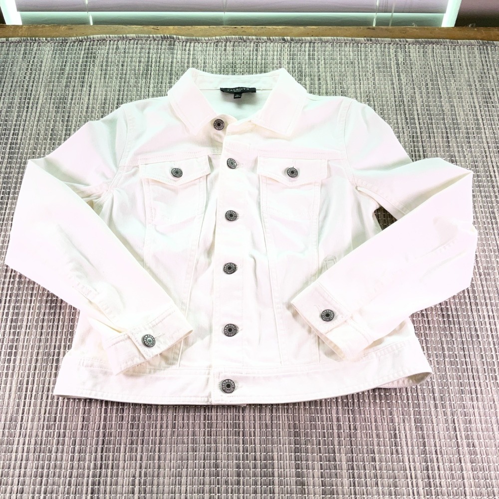Talbots Dragonfly White Denim Jacket Petite Small SP Stretch Cotton Trucker